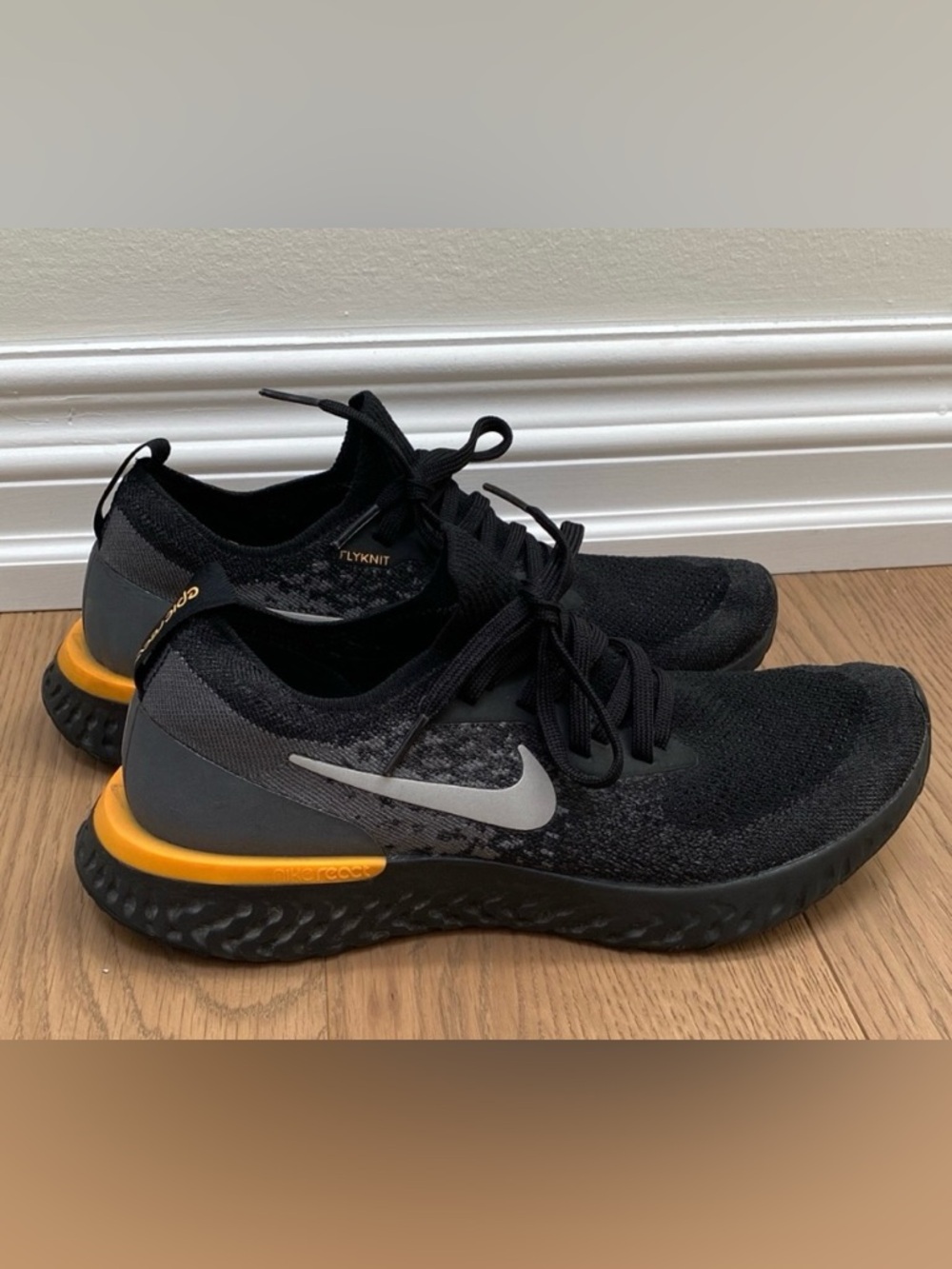 Nike Epic React Flyknit 2 Black and Gray Sneakers with Orange Detail, 6 1/2 or 7